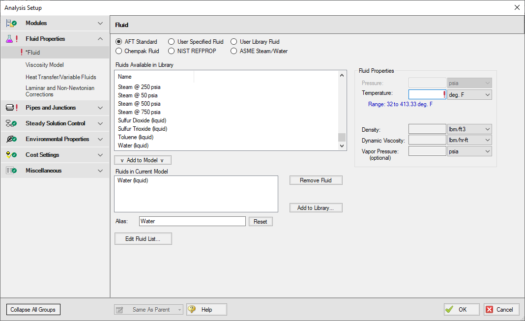 The Fluid Panel in Analysis Setup with AFT Standard fluid database selected.